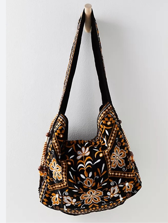 Free People Handbags - Free People Vic Velvet Slouchy Bag with Floral Embroidery